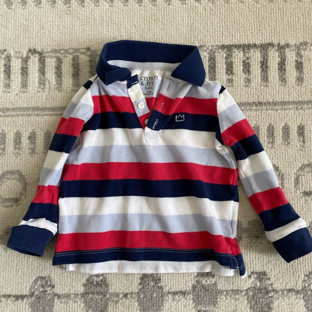 Blue/Red/White striped LS polo, 3-6m